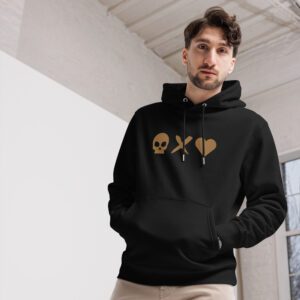 Sudadera capucha unisex negra calavera x corazón bordado